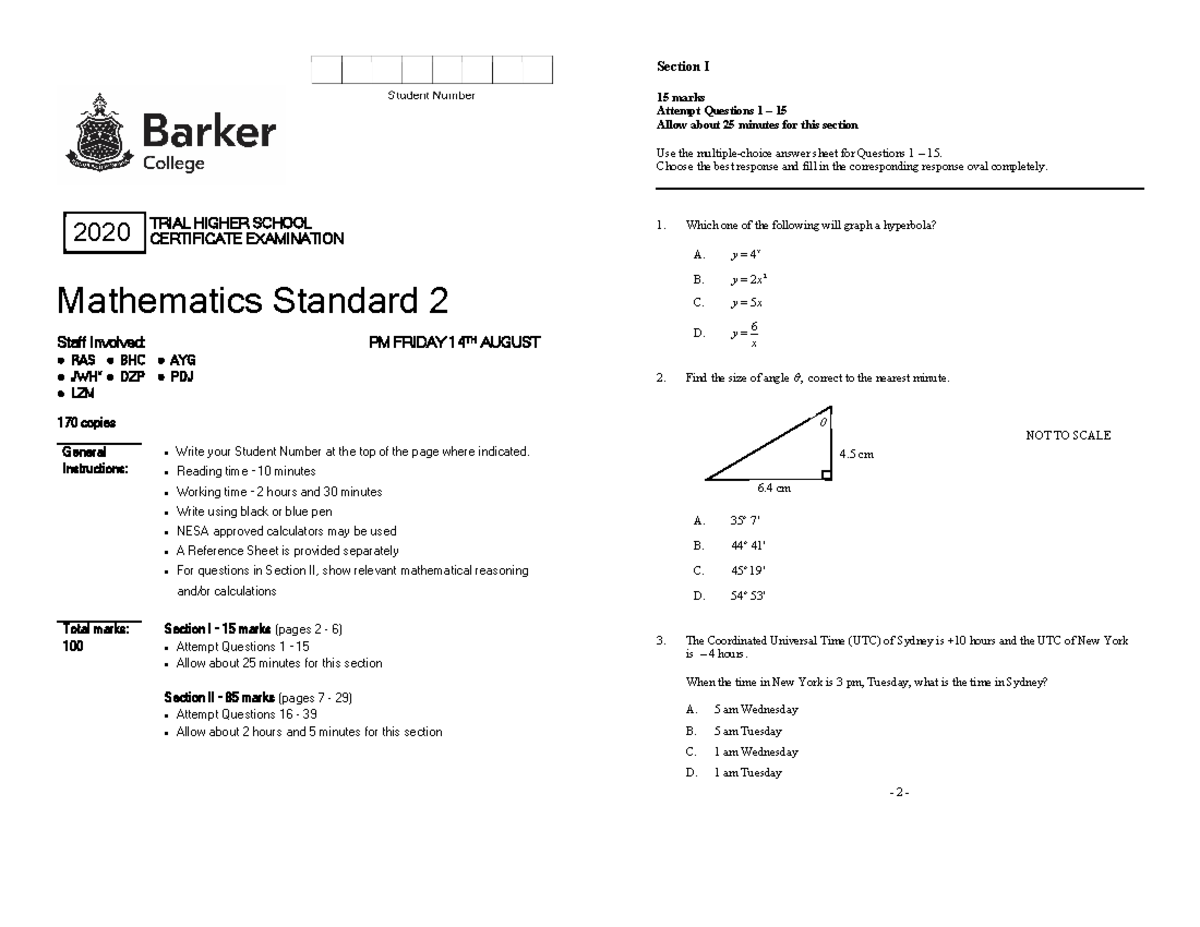 Barker 2020 Standard Maths Trials & Solutions - Mathematics Standard ...