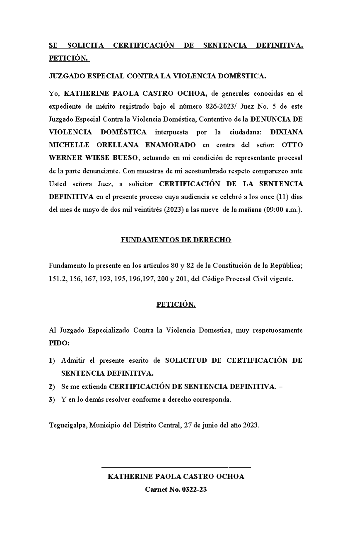 Certificación DE Sentencia Definitiva Dixiana - SE SOLICITA