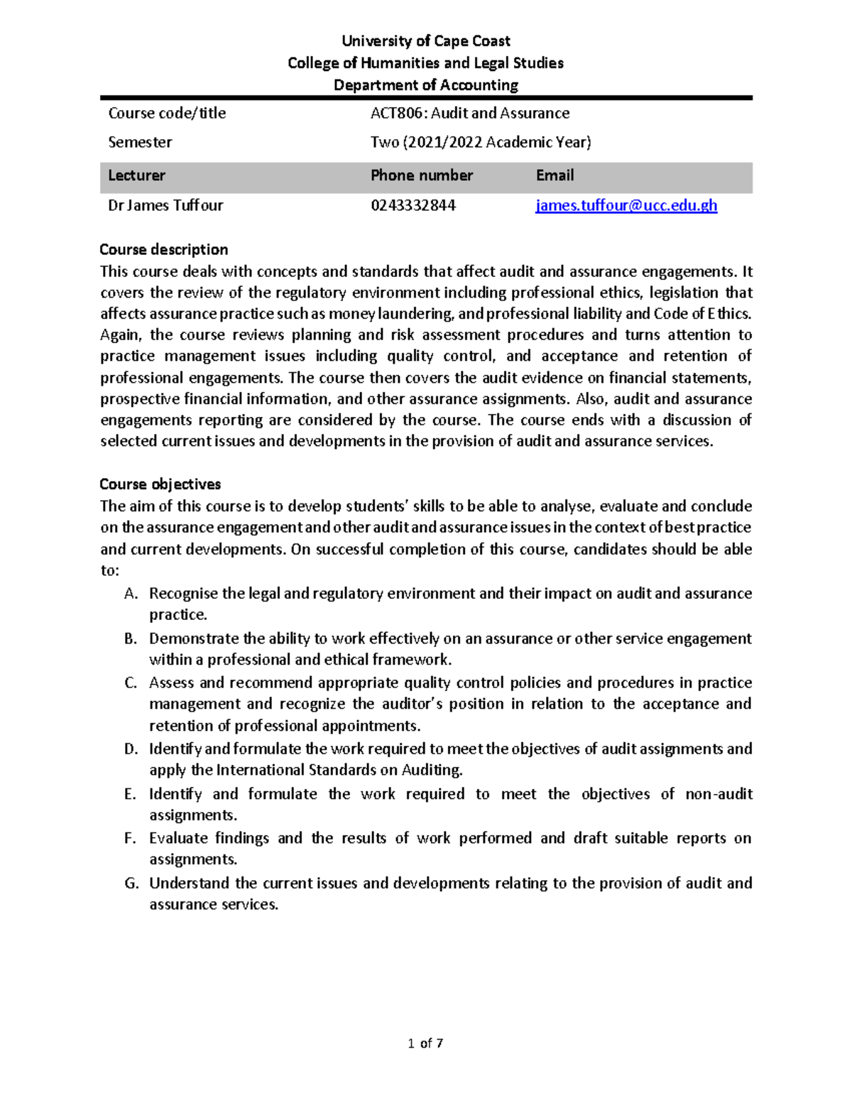ACT806 Audit and Assurance Course Outline - University of Cape Coast ...
