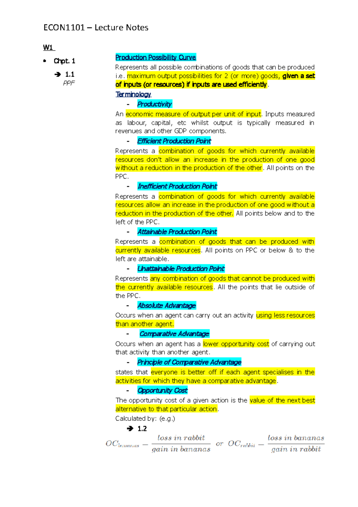 ECON1101 Quiz 1 Material - ECON1101 – Lecture Notes W1 Chpt. 1 1 PPF ...
