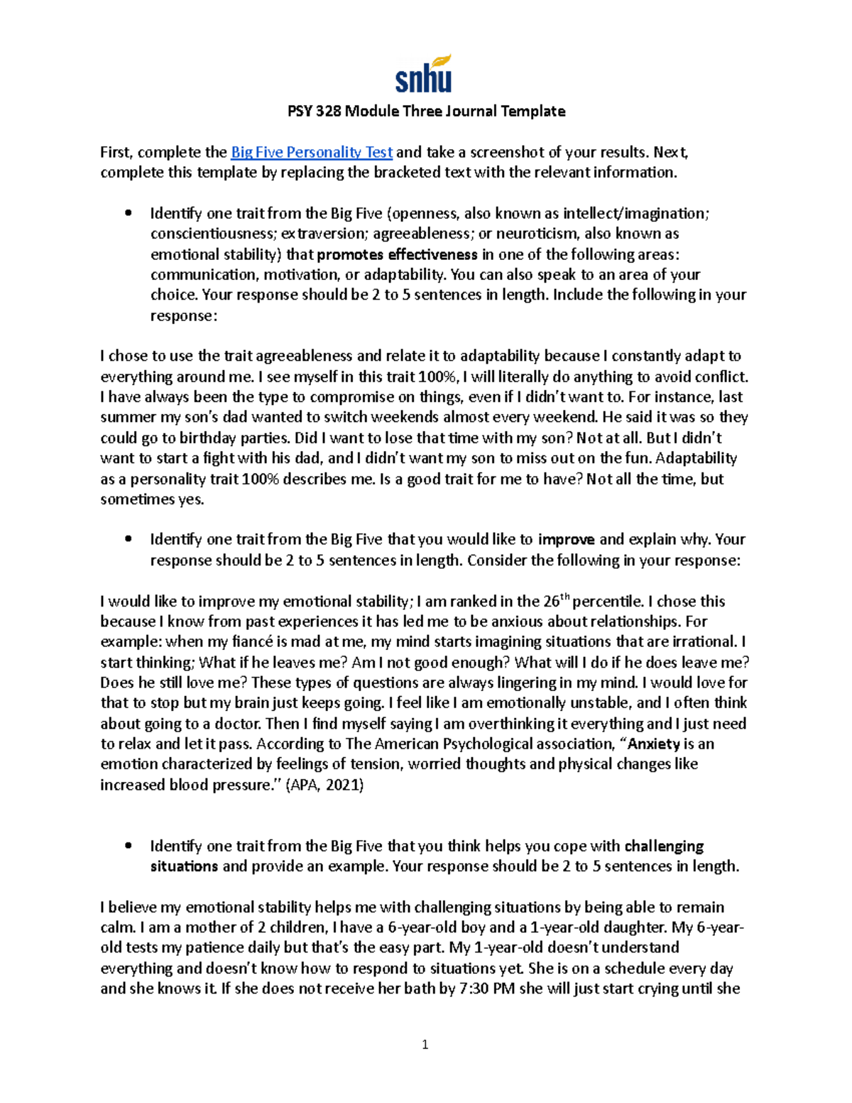 PSY 328 Module Three Journal Template PSY 328 Module Three Journal 
