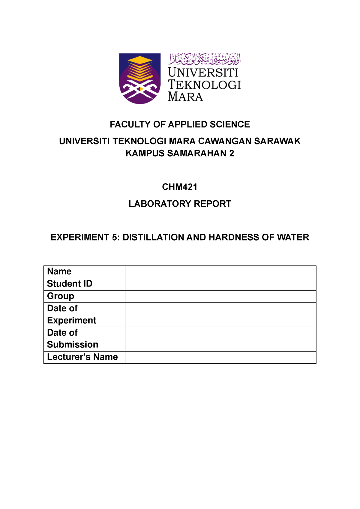 CHM421 EXP 5 - LAB REPORT - FACULTY OF APPLIED SCIENCE UNIVERSITI ...