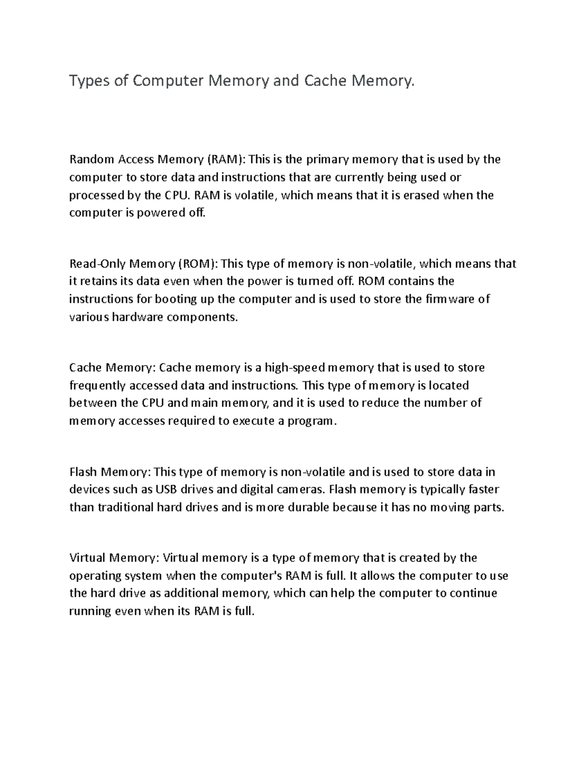 Activity - n/a - Types of Computer Memory and Cache Memory. Random ...