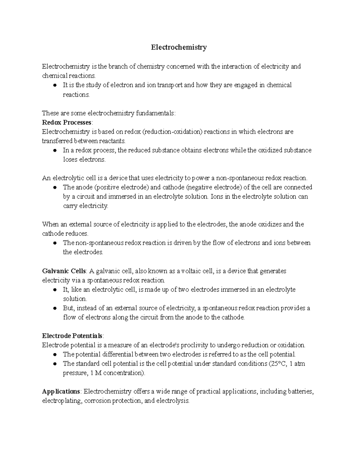 Electrochemistry Reviews the relationship between electricity and