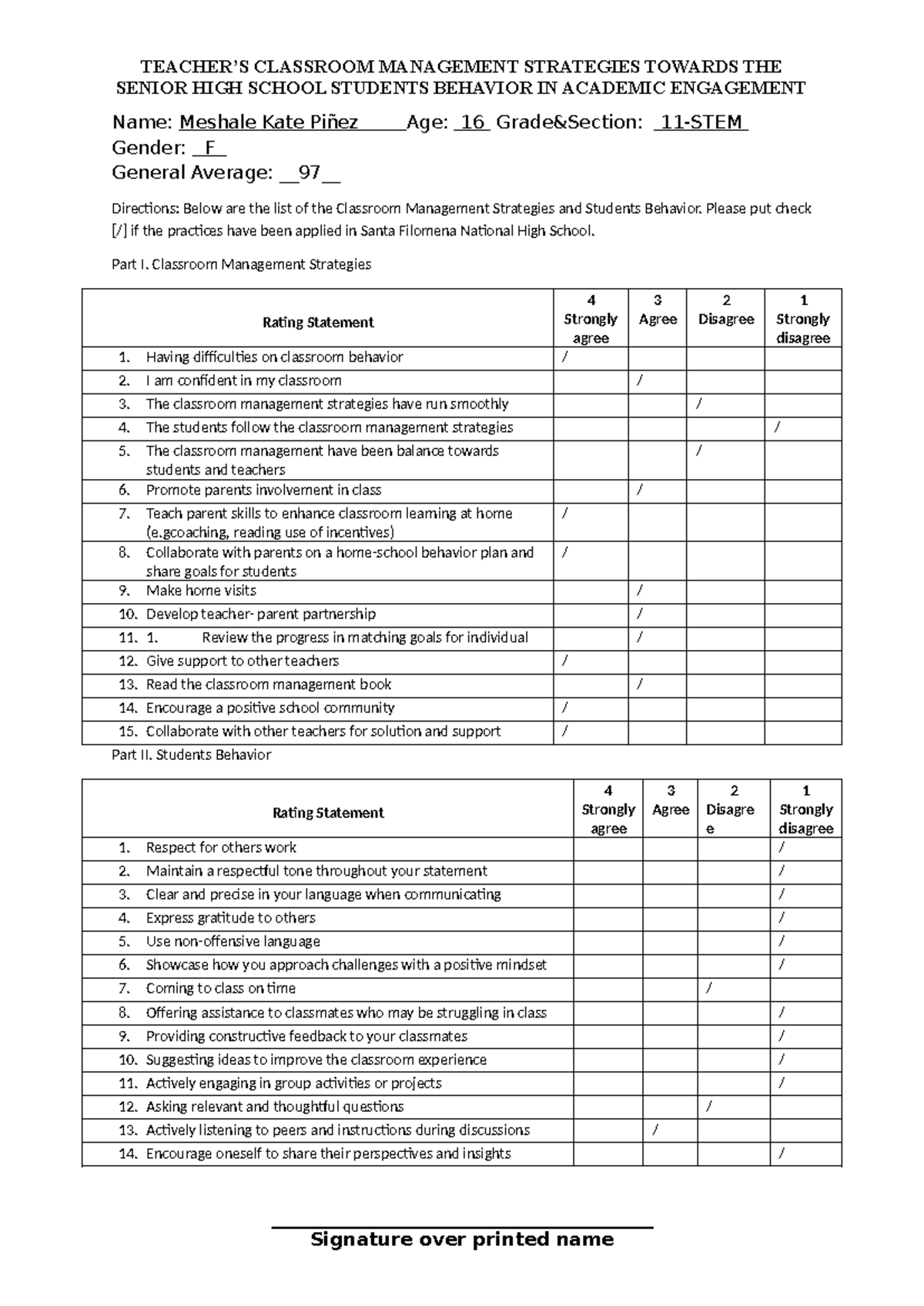 Pr-questionnaire group 2 - TEACHER’S CLASSROOM MANAGEMENT STRATEGIES ...