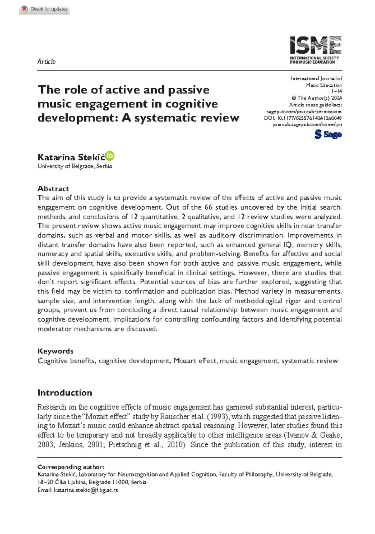 Stekic 2024 the role of active and passive music engagement in ...