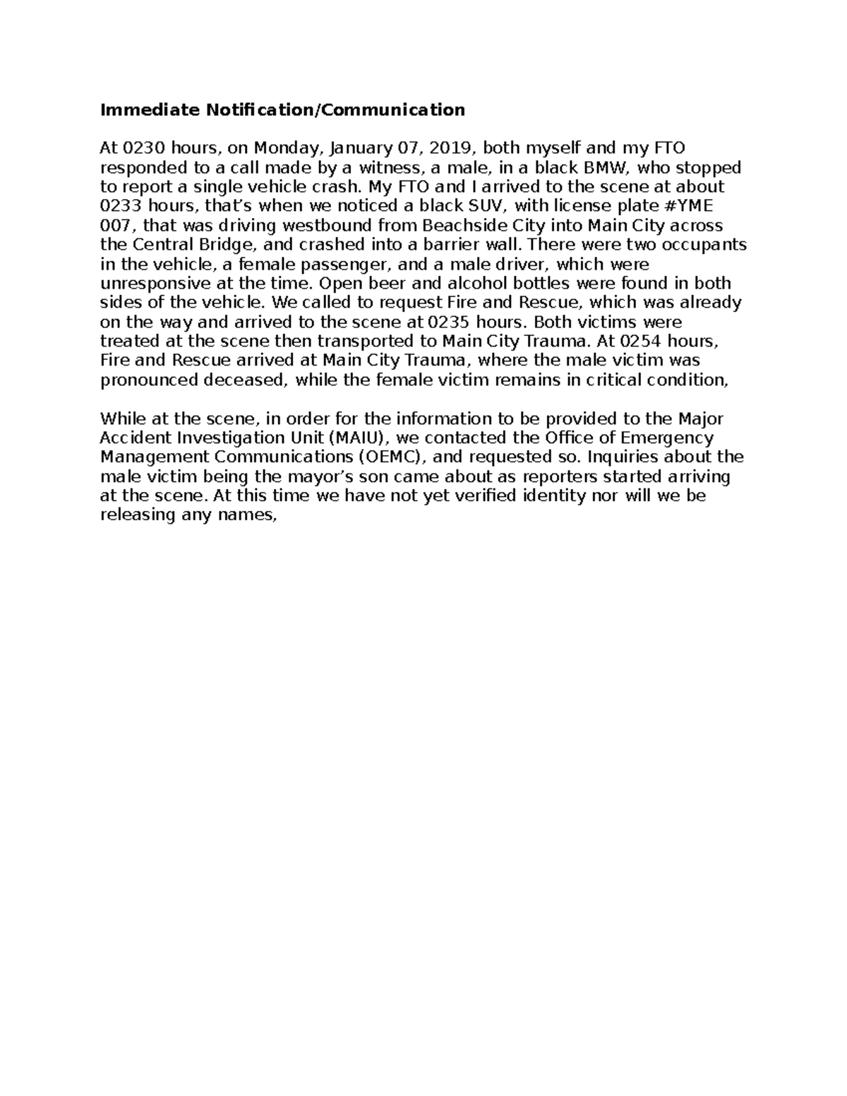 CJ 205 Immediate Notification - Immediate Notification/Communication At ...