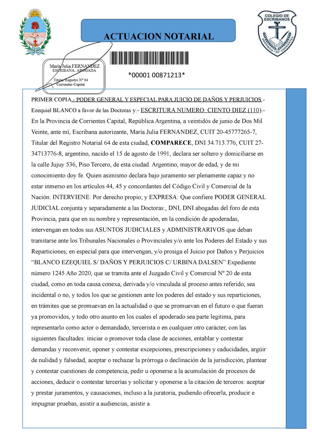 Actuacion Notarial Modelo De Escrito Actuacion Notarial 00001 00871213 Primer Copia Poder 5239