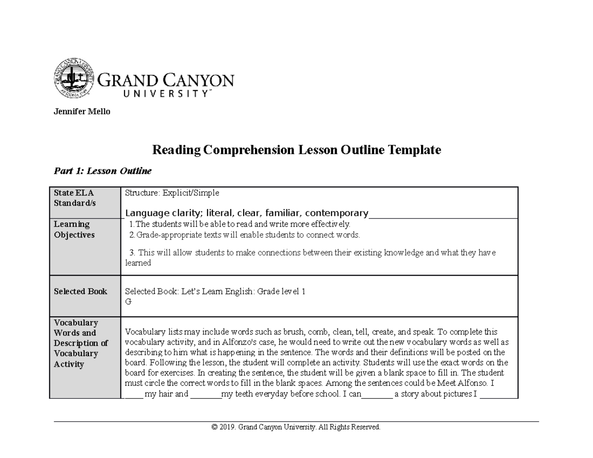 ELM 305 D T7 B Reading Comprehension Lesson Outline Template - Jennifer ...