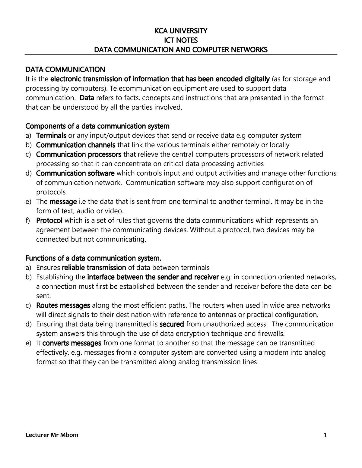 DATA Communication AND Computer Networks - KCA UNIVERSITY ICT NOTES ...