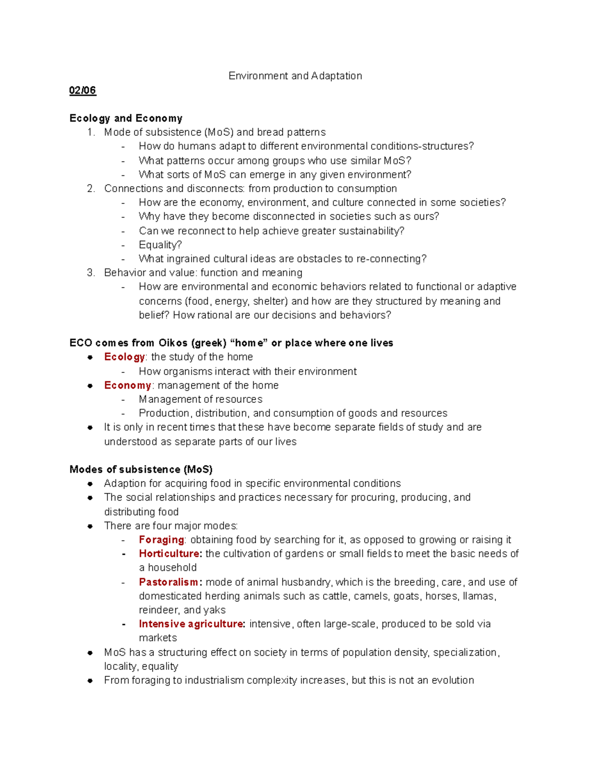 Anthro notes section II-2 - Environment and Adaptation 02/ Ecology and ...