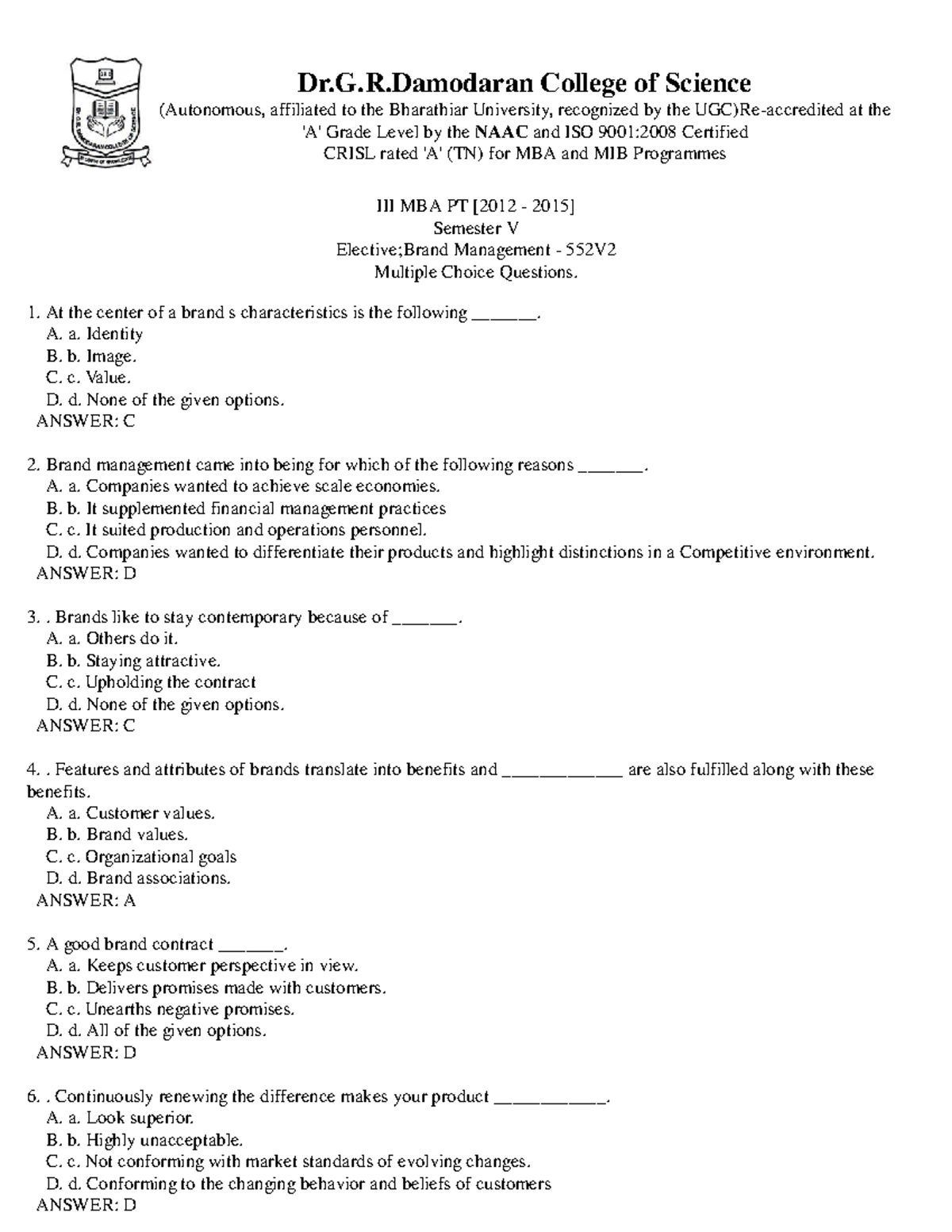 Test Bank- Brand Management - Dr.G.R College Of Science (Autonomous ...