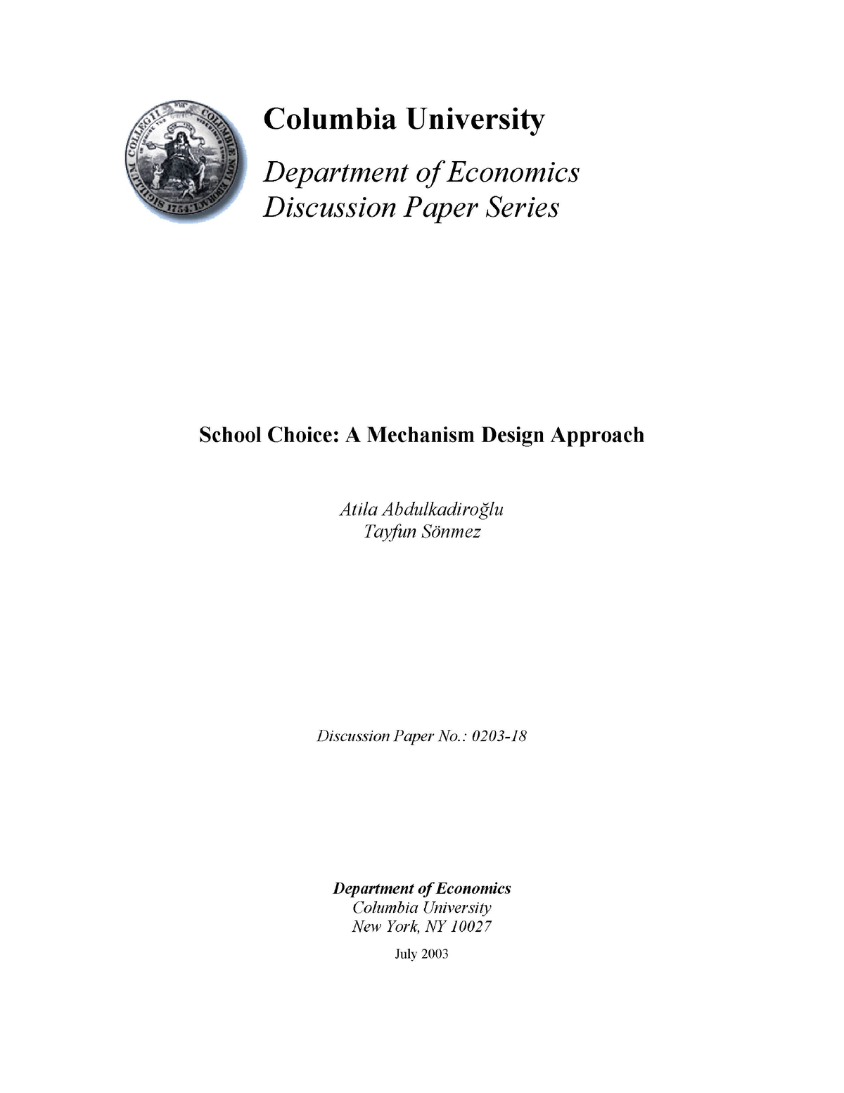 columbia economics thesis