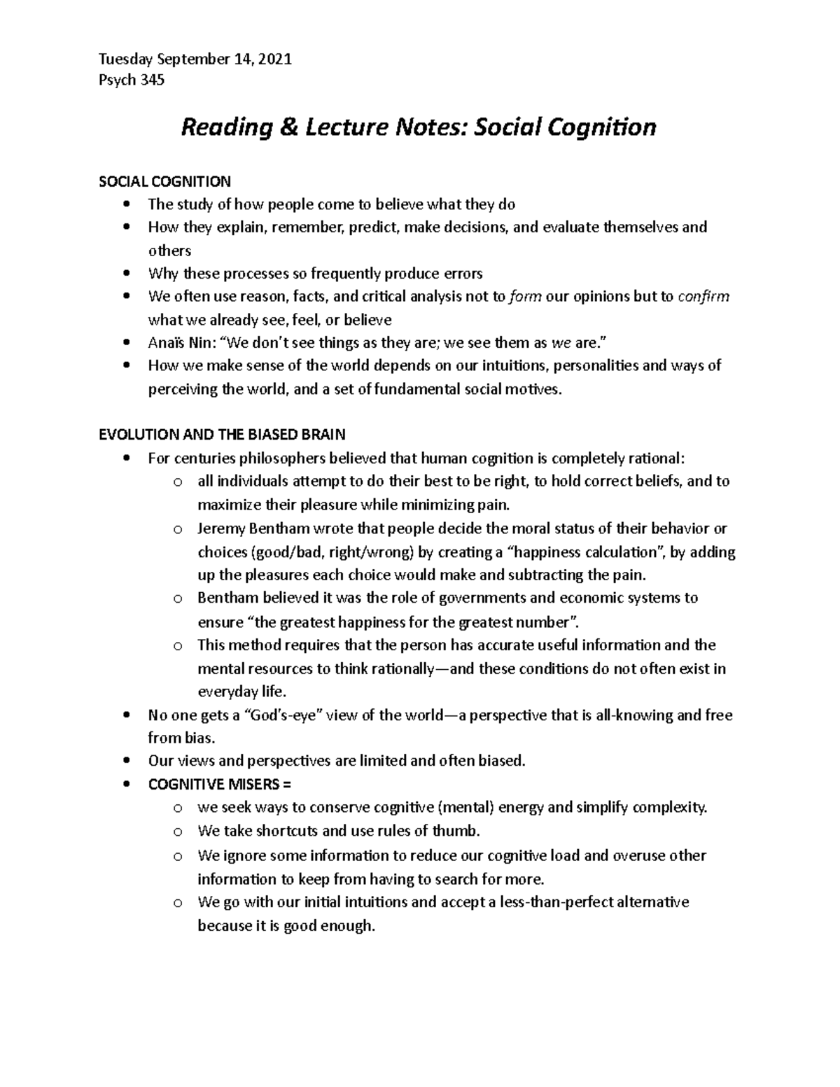 Chapter 2 Notes - Psych 345 Reading & Lecture Notes: Social Cognition ...