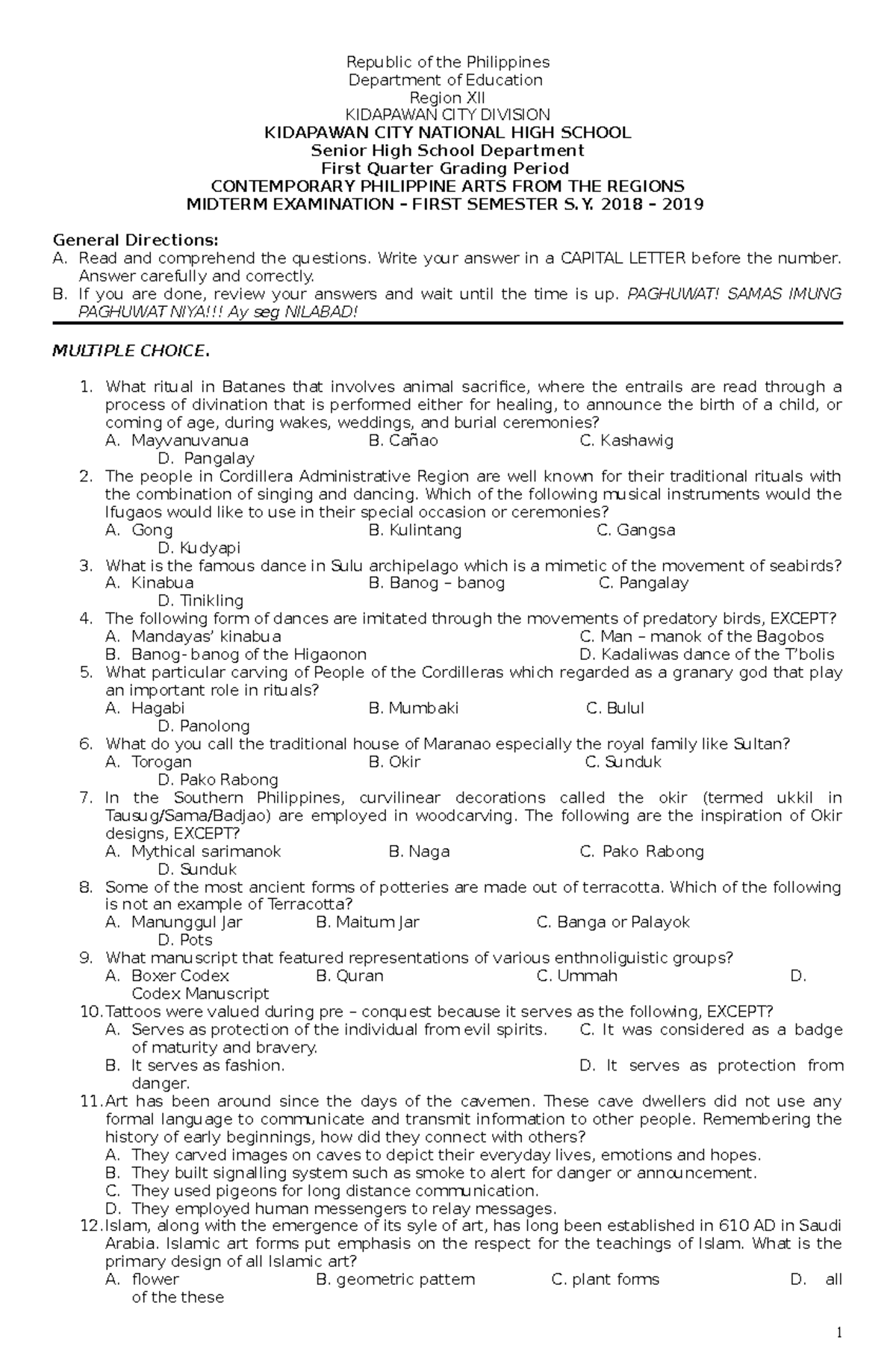 Midterm-EXAM - Midterm Exam - Republic Of The Philippines Department Of ...