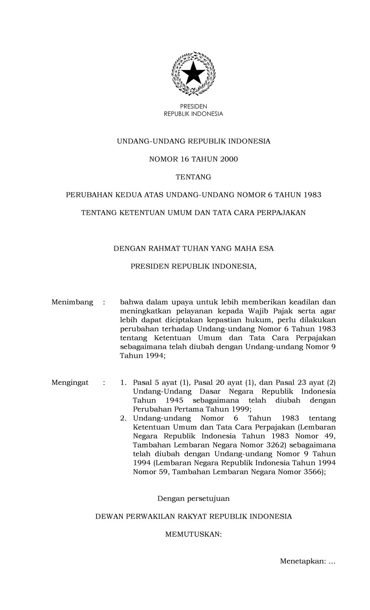 UU Nomor 16 Tahun 2000 - REPUBLIK INDONESIA UNDANG-UNDANG REPUBLIK ...