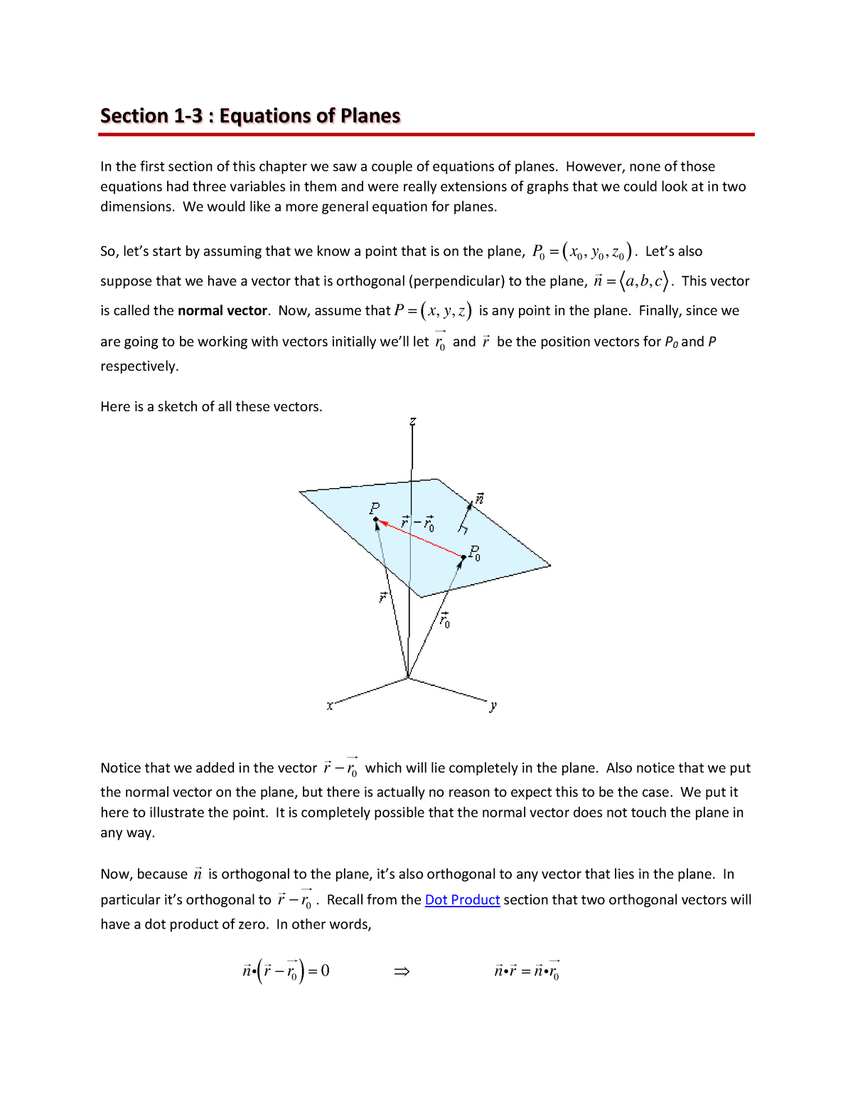 Calc III Eqn Of Planes - Lecture Notes - Section 1-3 : Equations Of ...