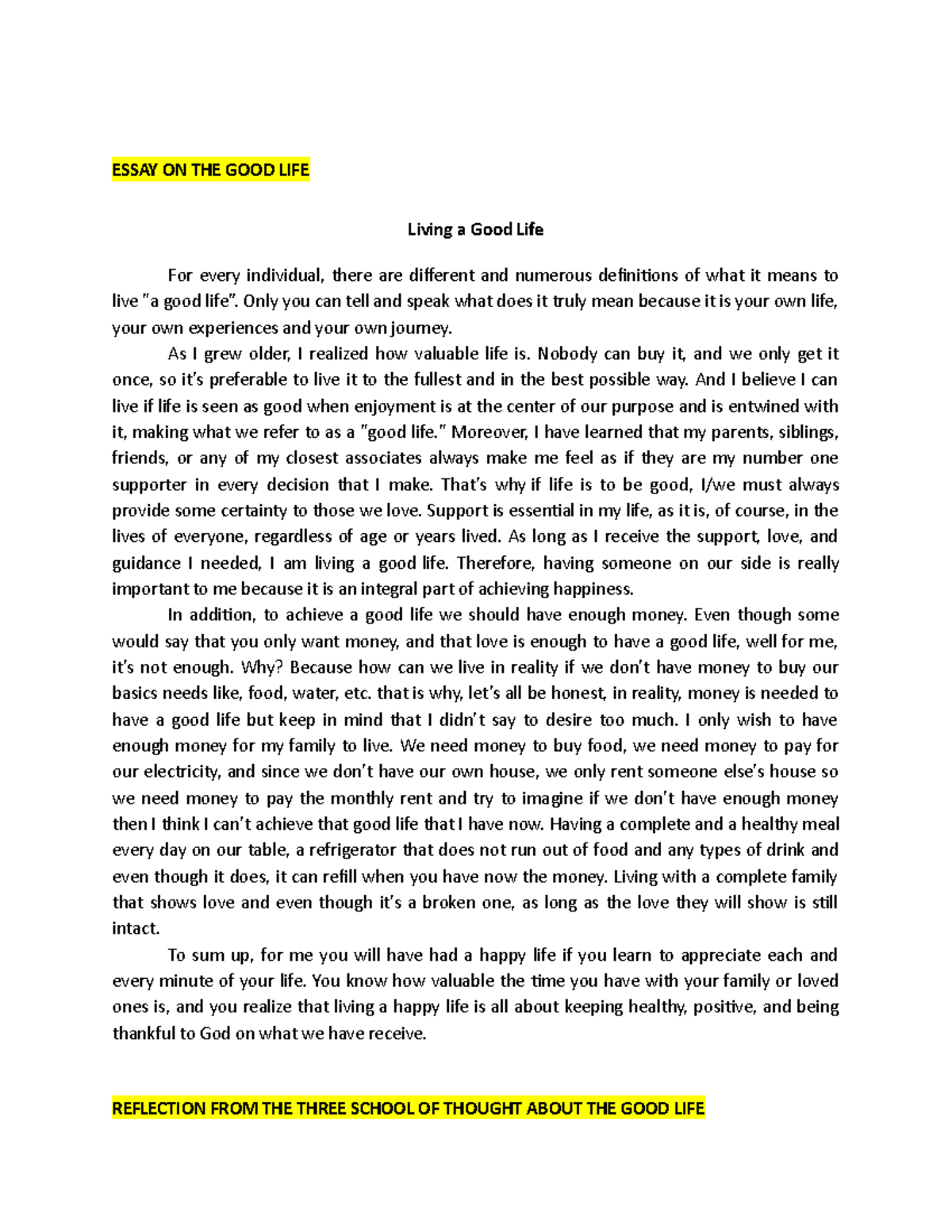 definition of a good life essay