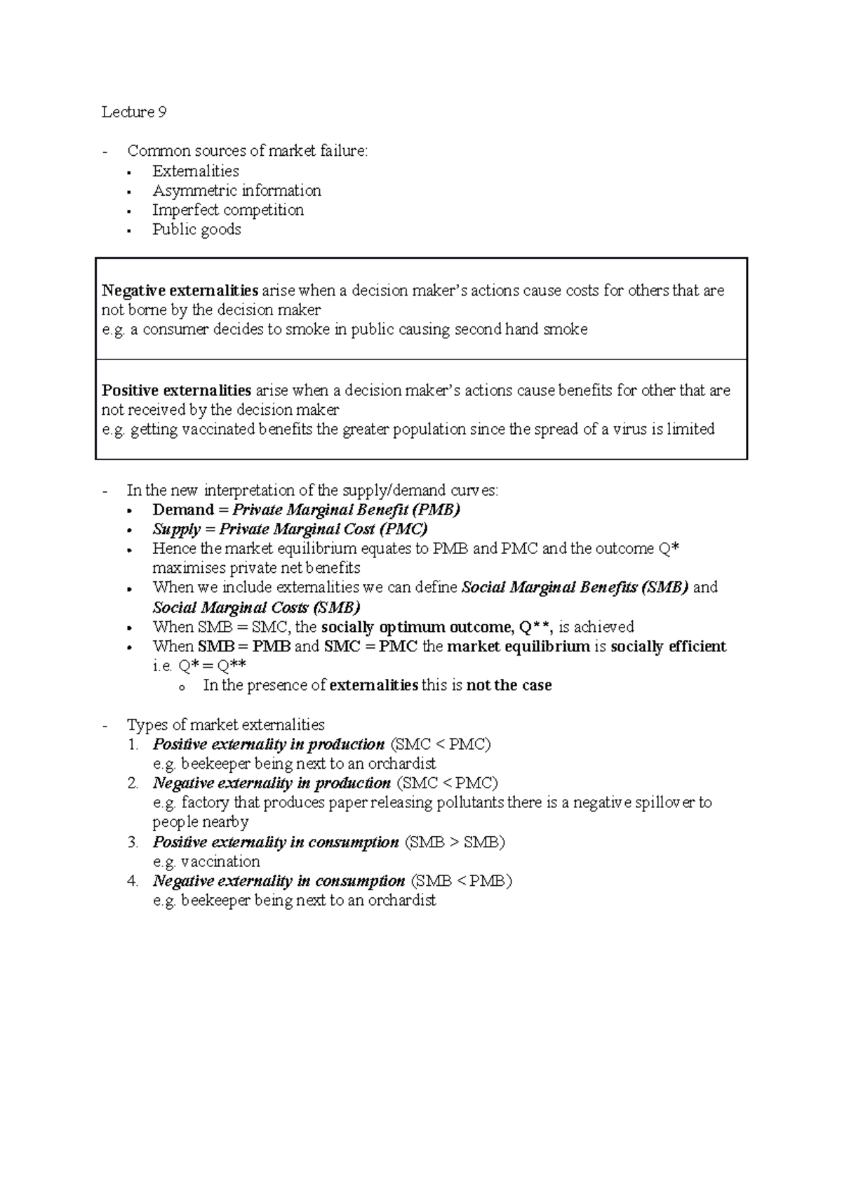 Lecture 9 Notes - Lecture 9 Common sources of market failure ...