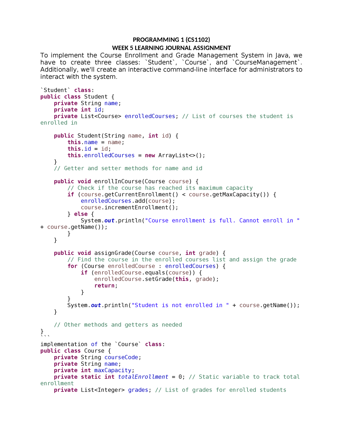 Learning Journal WK 5 CS 1102 - PROGRAMMING 1 (CS1102) WEEK 5 LEARNING ...