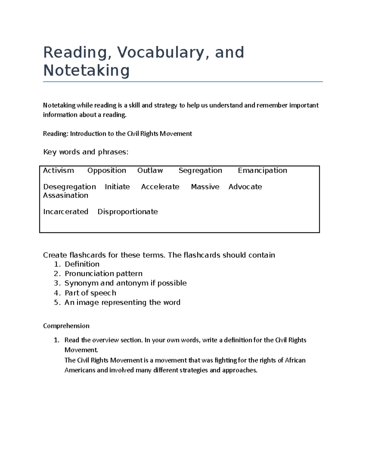 Notetaking Worksheet for the Civil Rights Movement - Reading ...