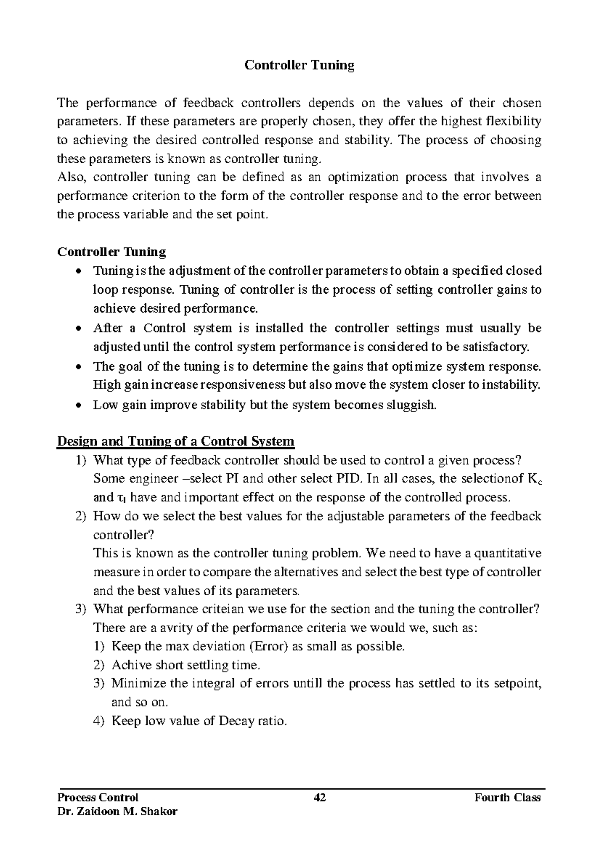 Lect 5 Contrioller Tuning - Process Control 42 Fourth Class Controller ...
