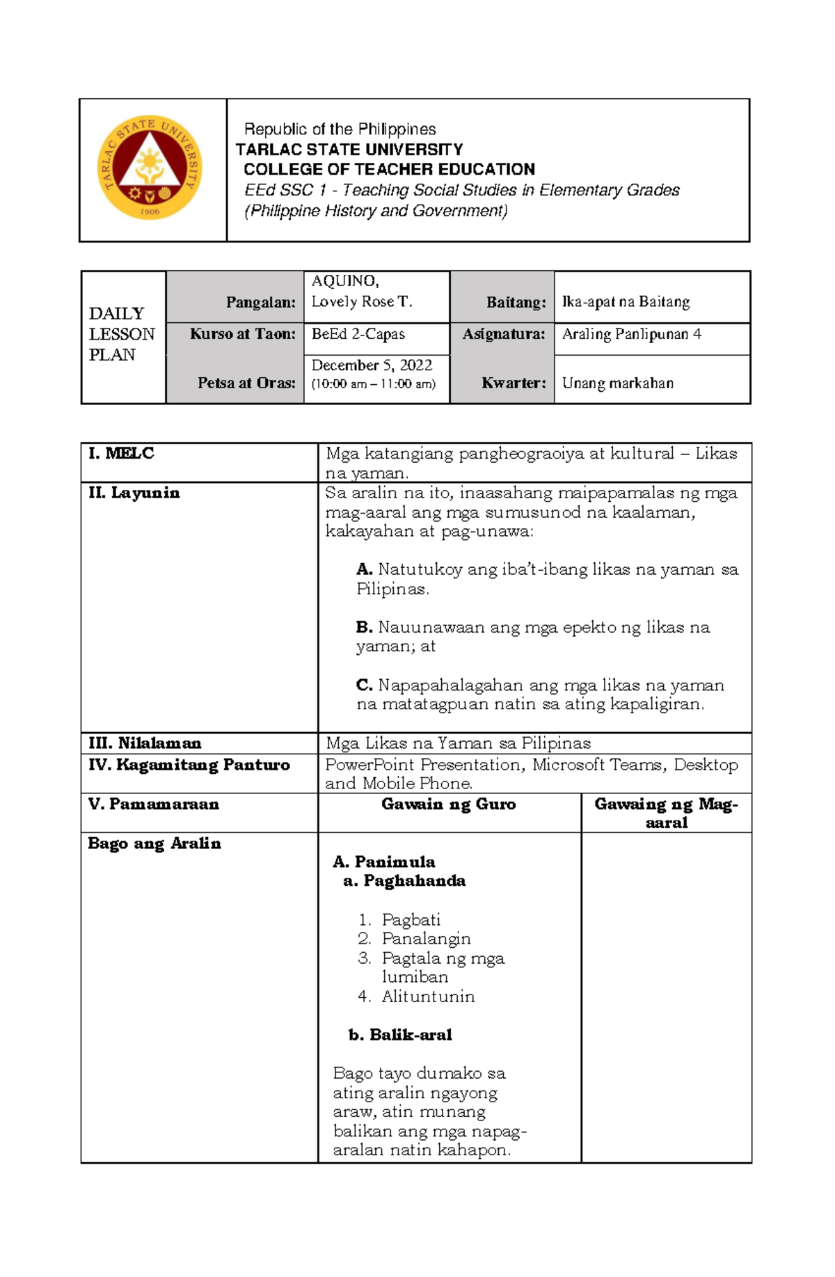 Aquino Lovely ROSE T Social Sciences Lesson Plan Republic of the