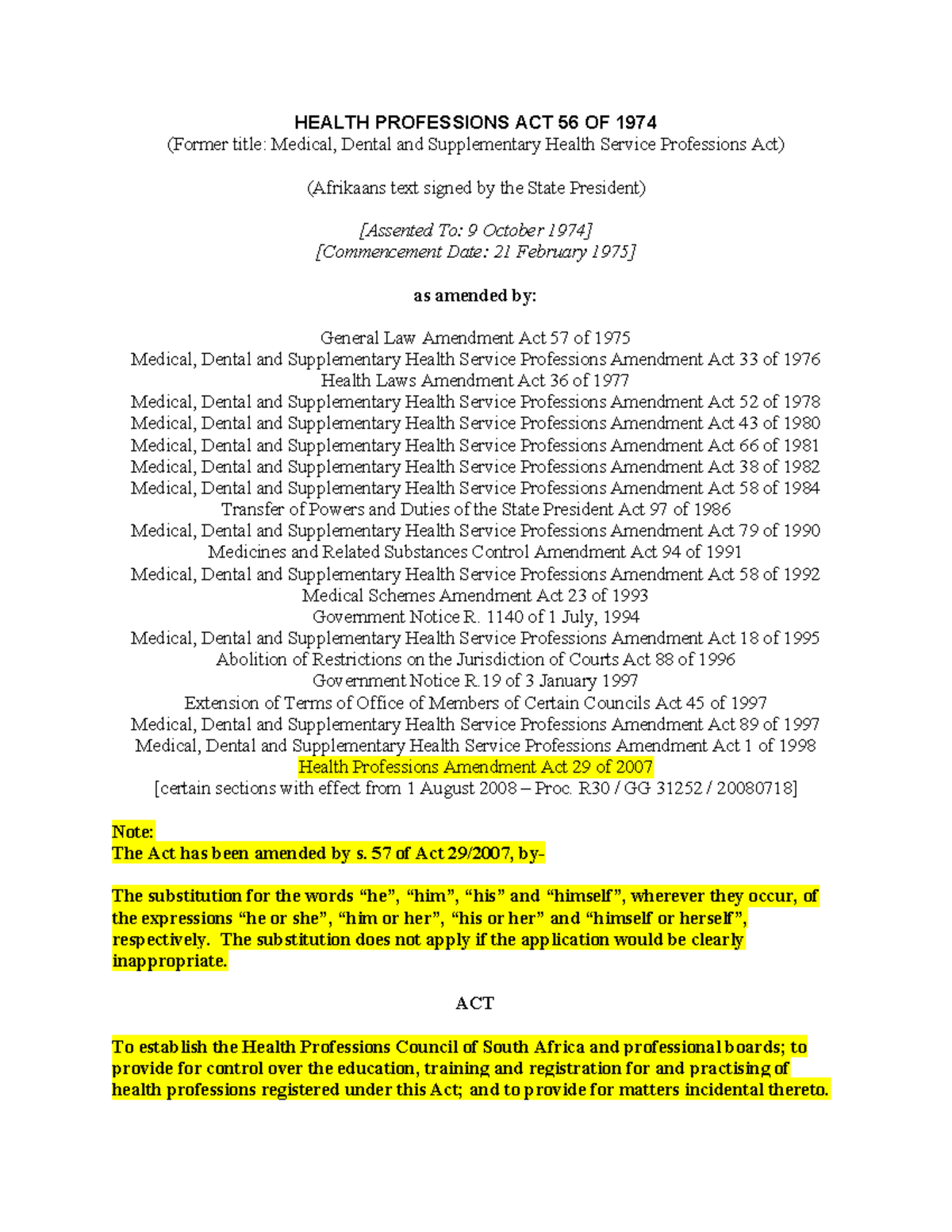 2. Health Professional Act 56 OF 1974 HEALTH PROFESSIONS ACT 56 OF