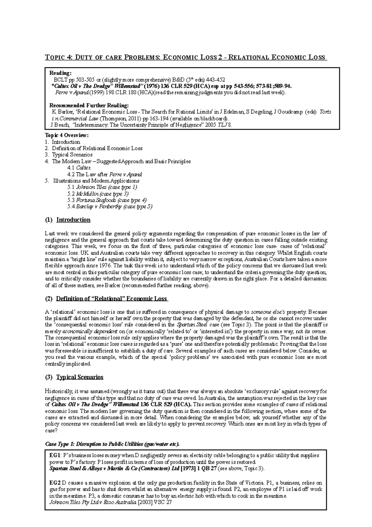 Topic 4 Relational Economic Loss 2022 TOPIC 4 DUTY OF CARE PROBLEMS