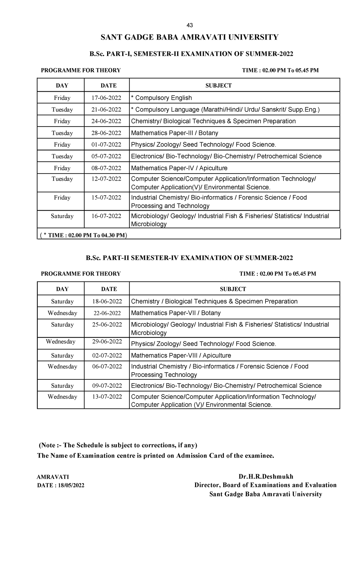 Sgbau Science Time Table Summer 2022 - SANT GADGE BABA AMRAVATI ...