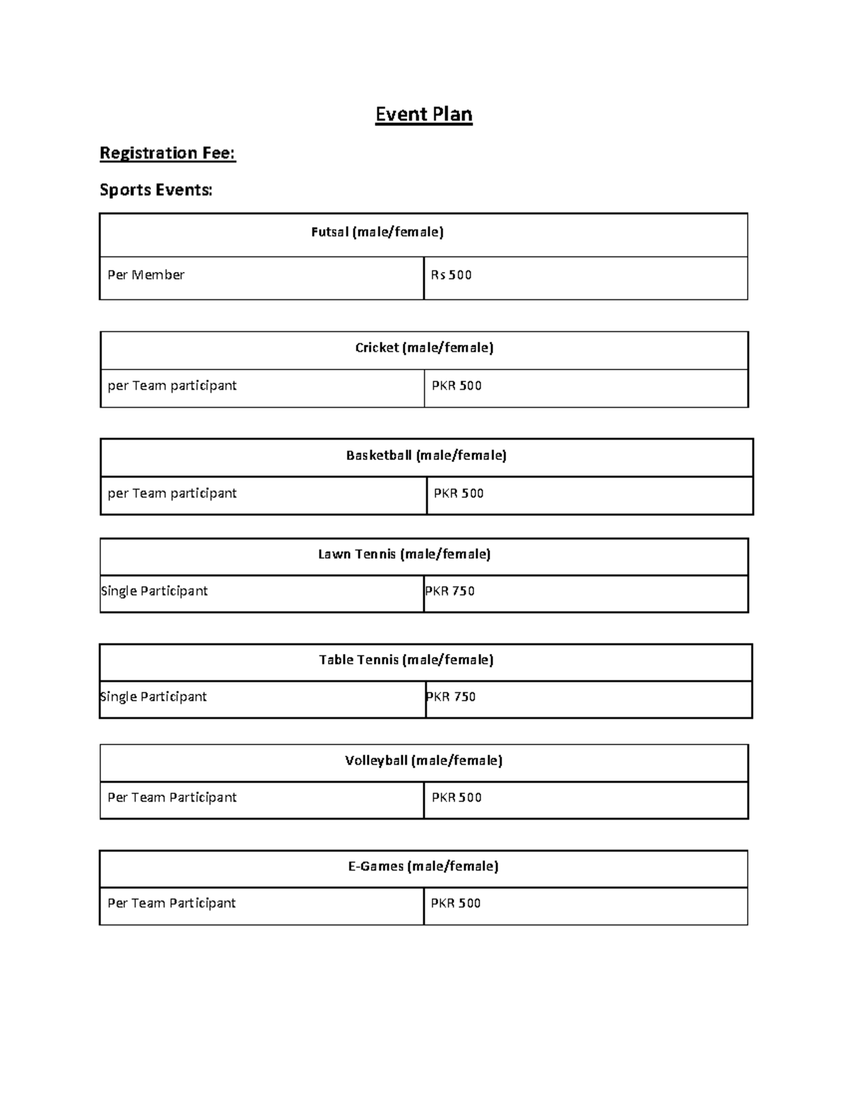 Event Plan - ... - Event Plan Registration Fee: Sports Events: Futsal ...