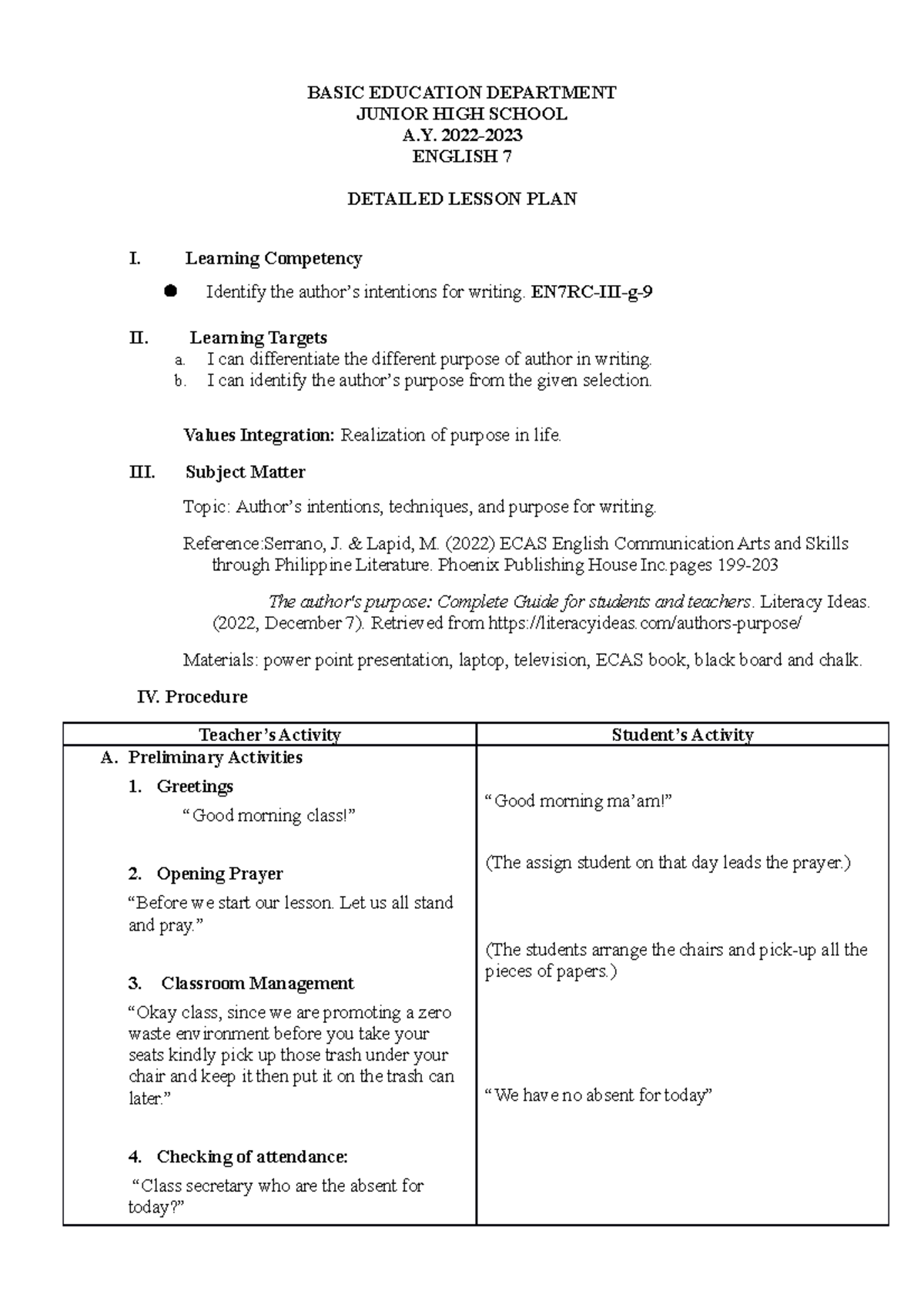 Author s purpose dlp basic education department junior high school a