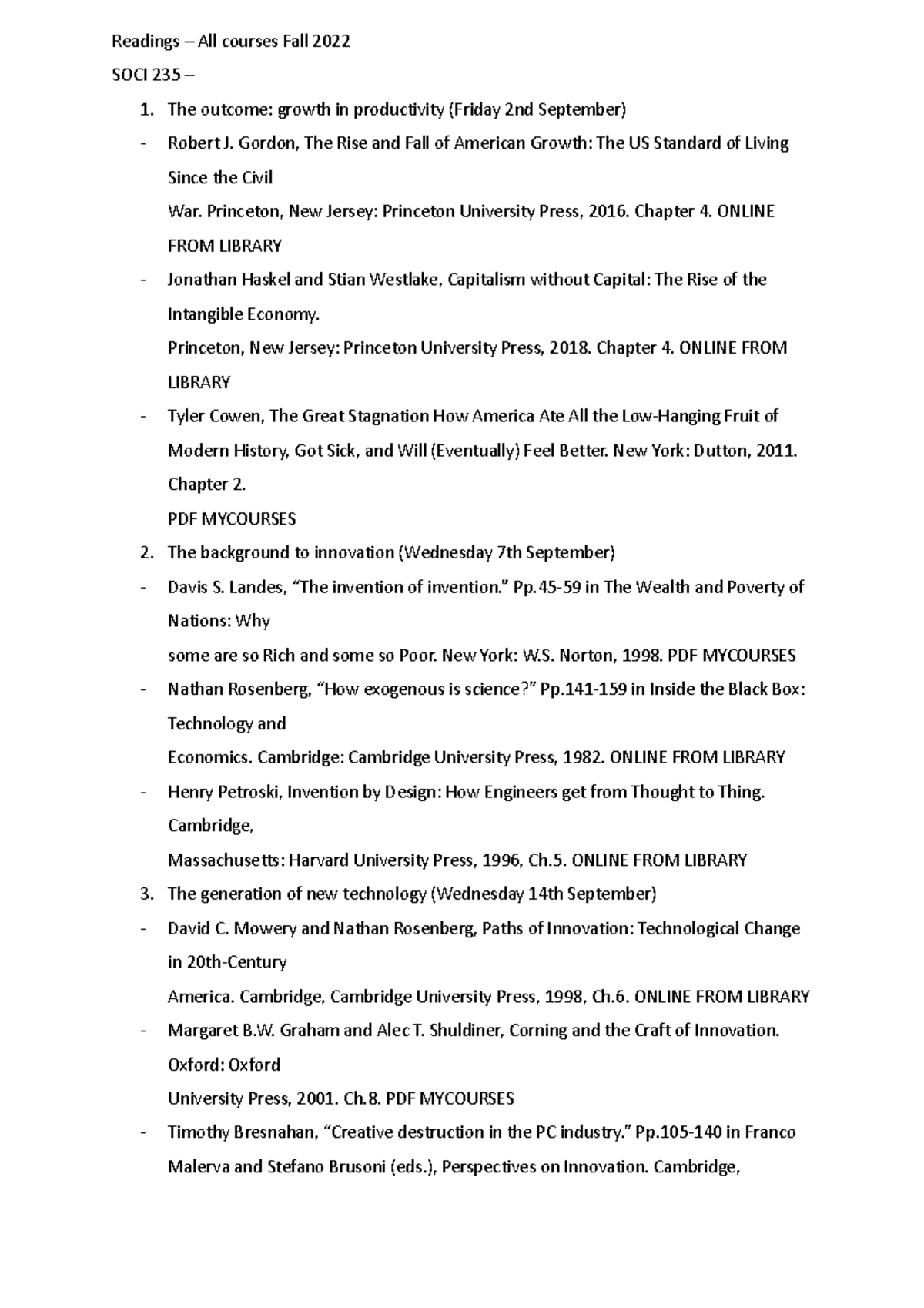 Readings for ORGB 423 - Readings – All courses Fall 2022 SOCI 235 – 1 ...