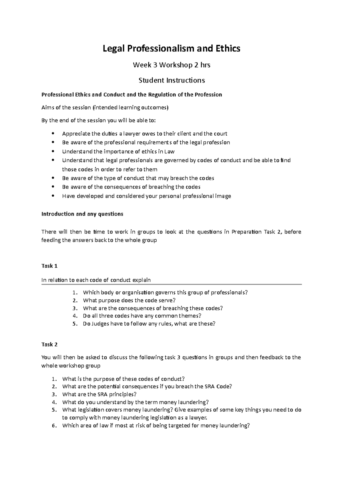Student Instructions week 3 - Legal Professionalism and Ethics Week 3 ...