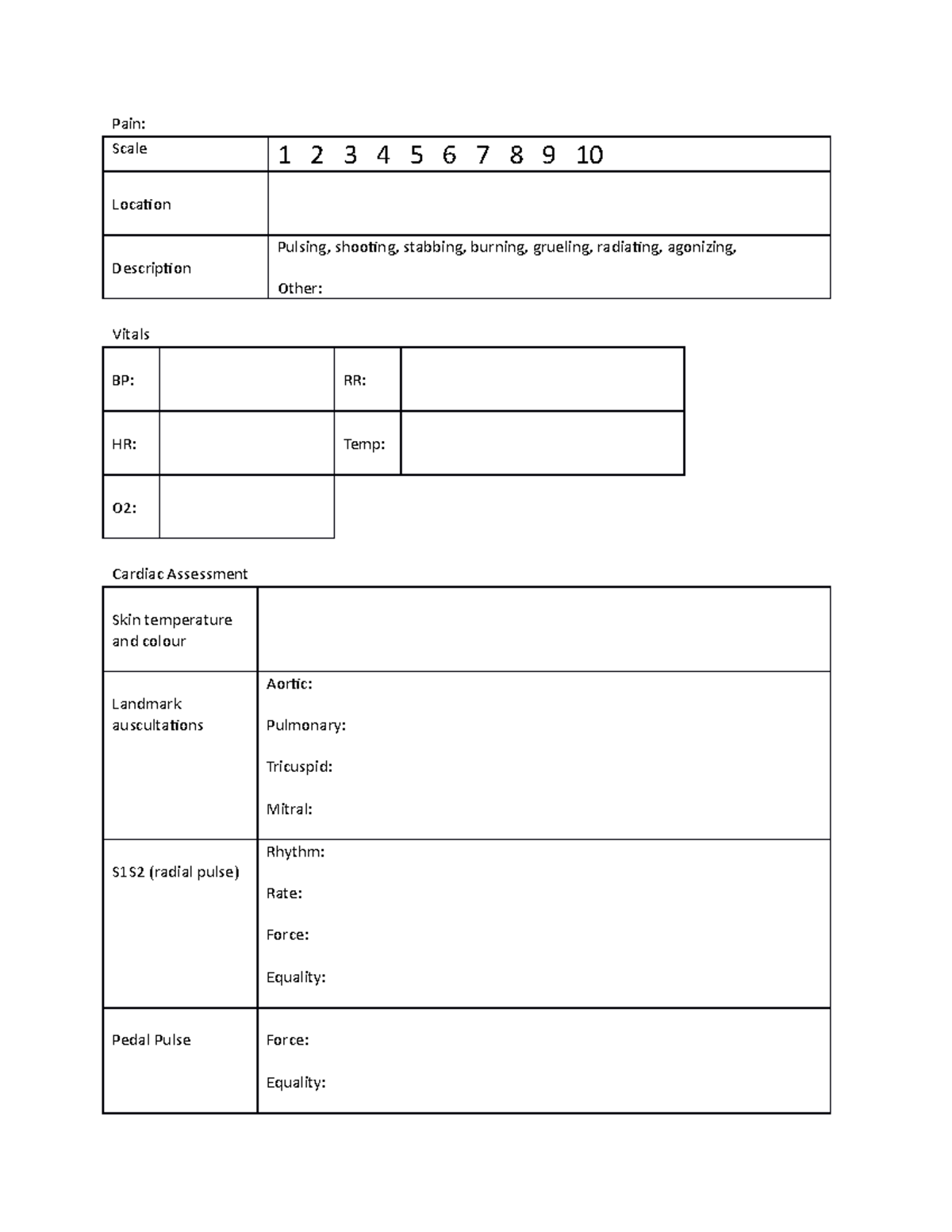 Documentation 2 - Practice sheet - Pain: Scale 1 2 3 4 5 6 7 8 9 ...