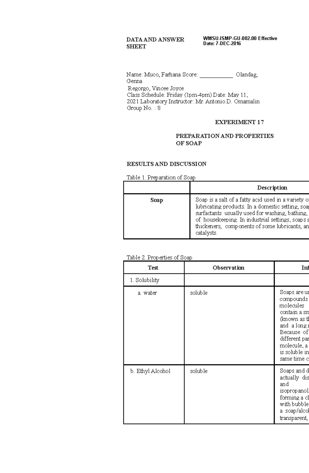 Experiment-17- Worksheet - DATA AND ANSWER SHEET WMSU-ISMP-GU-002 ...