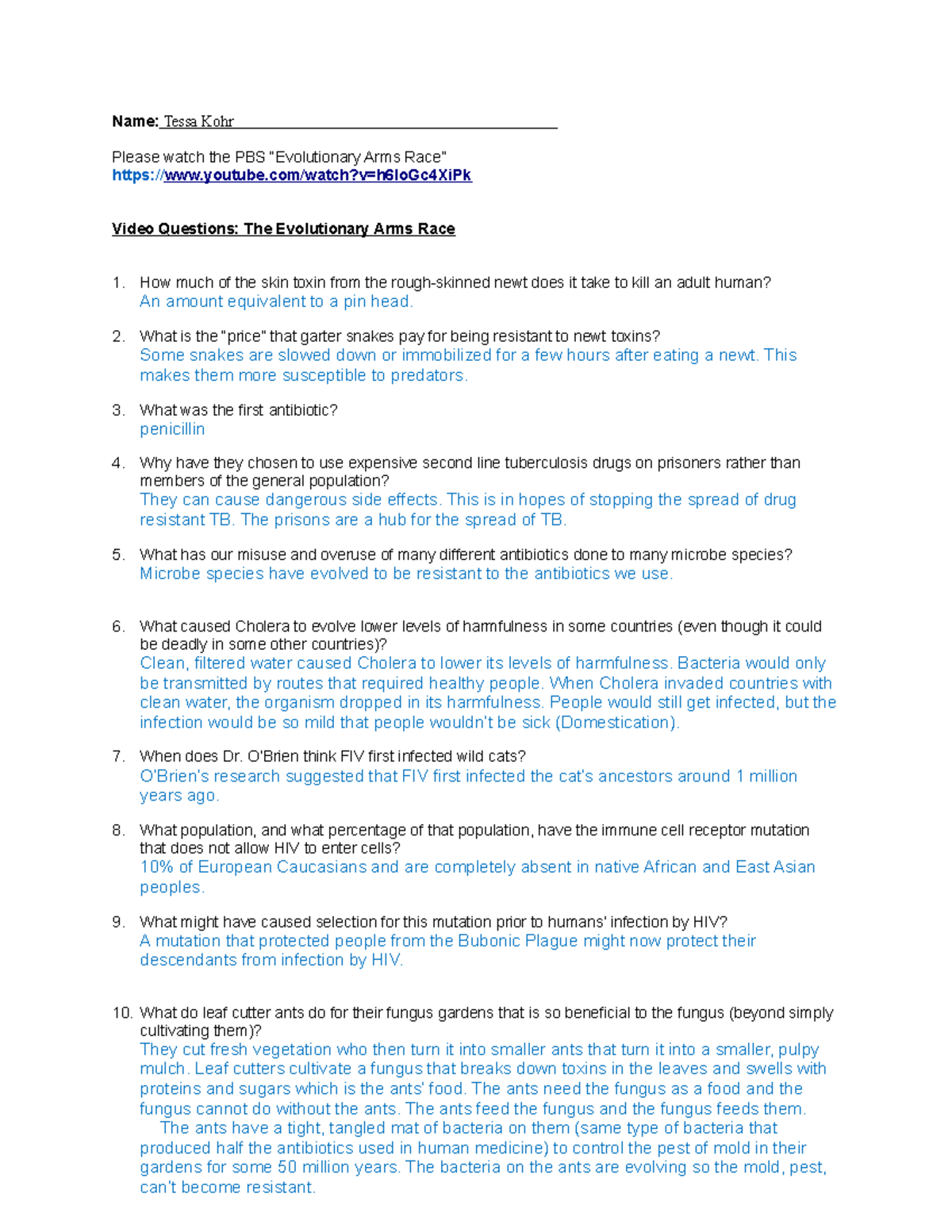 Video Questions The Evolutionary Arms Raceconverted Name Tessa