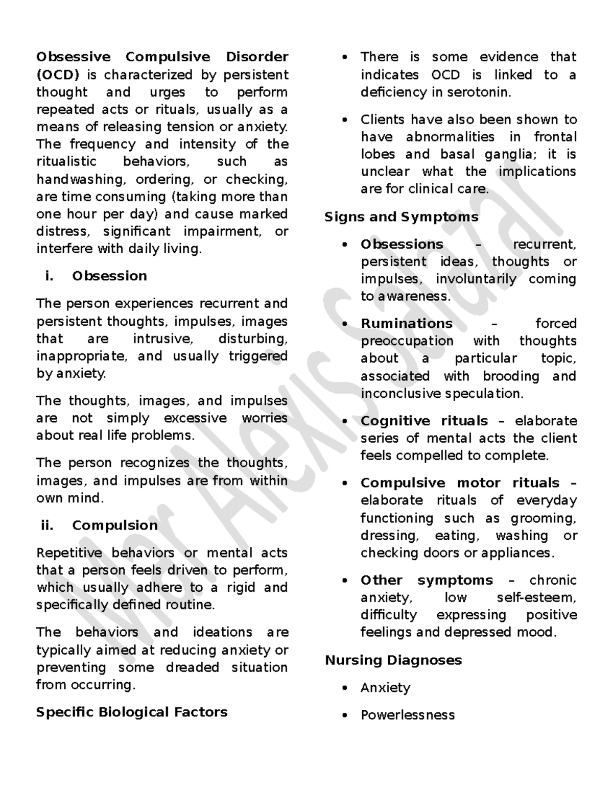 Psychiatric Disorders Obsessive Compulsive Disorder (OCD) is