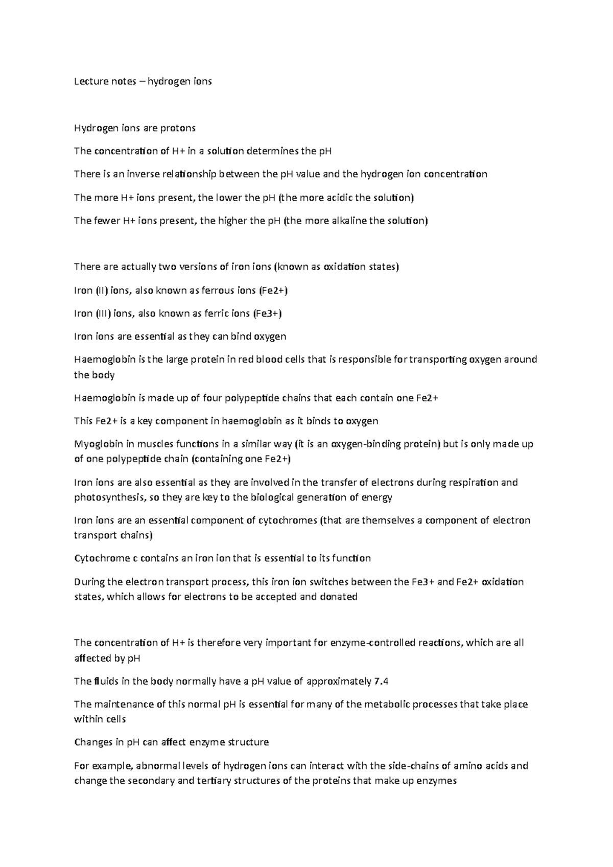 Lecture notes – hydrogen ions - The maintenance of this normal pH is ...
