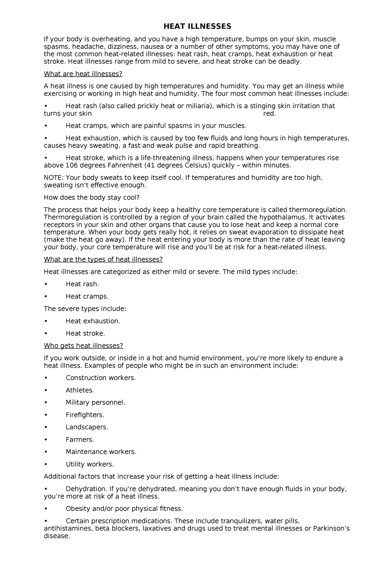 HEAT Illnesses - HEAT ILLNESS NOTES - HEAT ILLNESSES If your body is ...