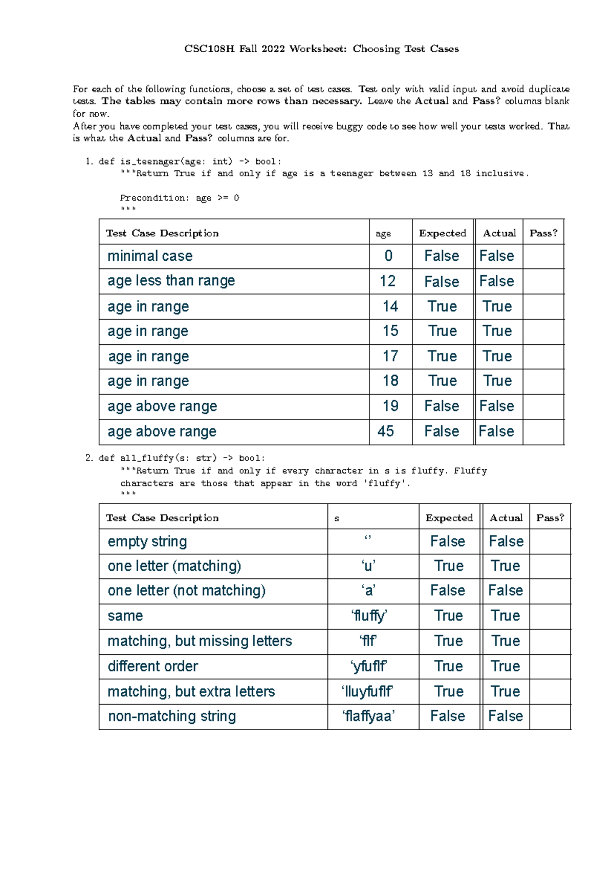 CSC 108 - W9 Worksheets - CSC108H Fall 2022 Worksheet: Choosing Test ...