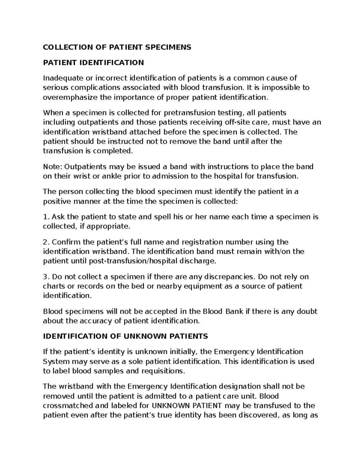 Collection OF Blood BANK Patient Specimens COLLECTION OF PATIENT