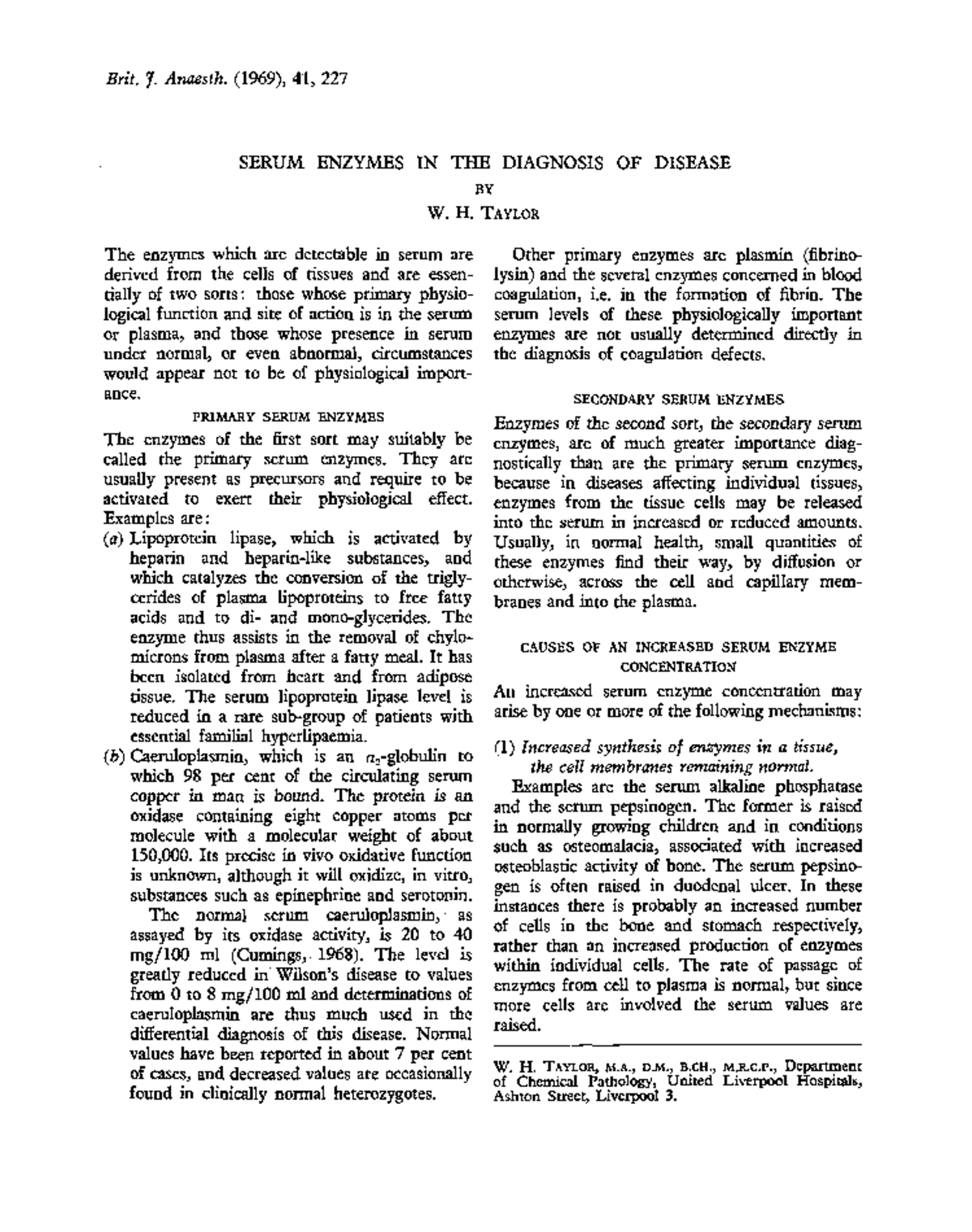 Biochem Enzymes Brit. J. Anaesth. (1969), 41, 227 SERUM ENZYMES IN