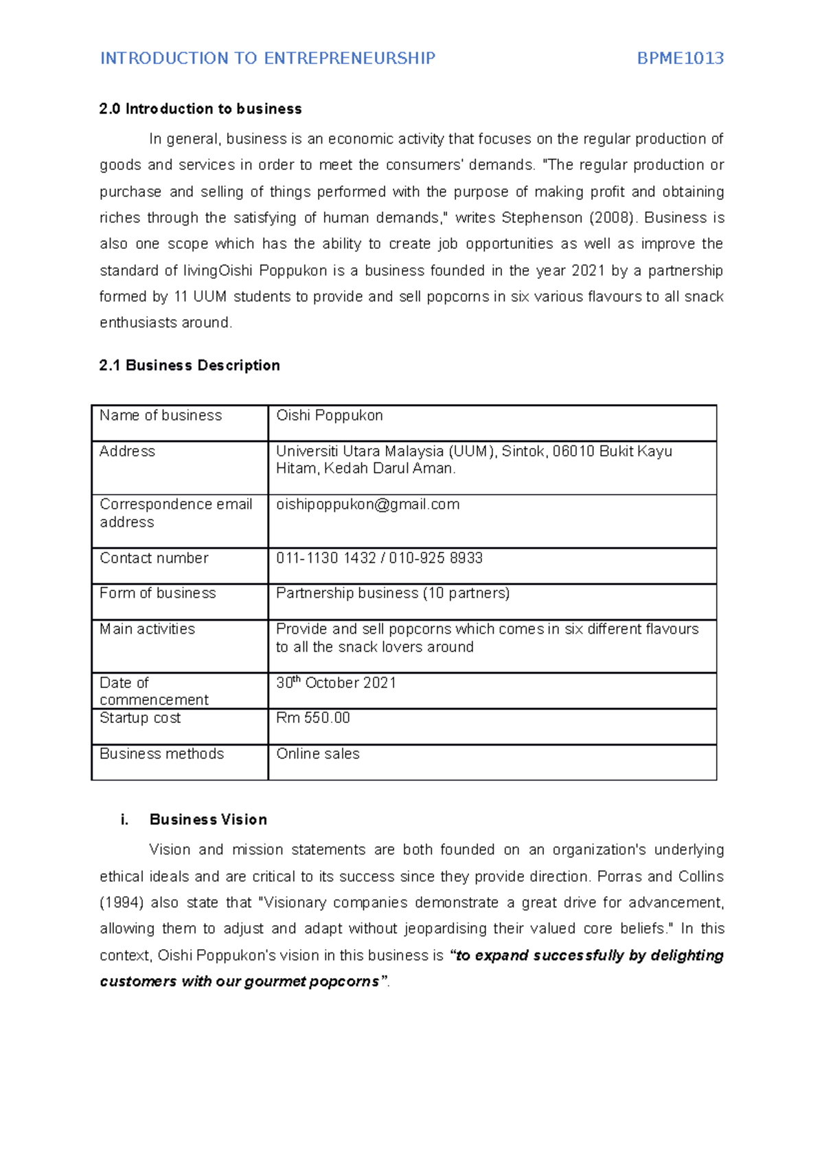 2.0 Introduction TO Business - INTRODUCTION TO ENTREPRENEURSHIP BPME 2 ...