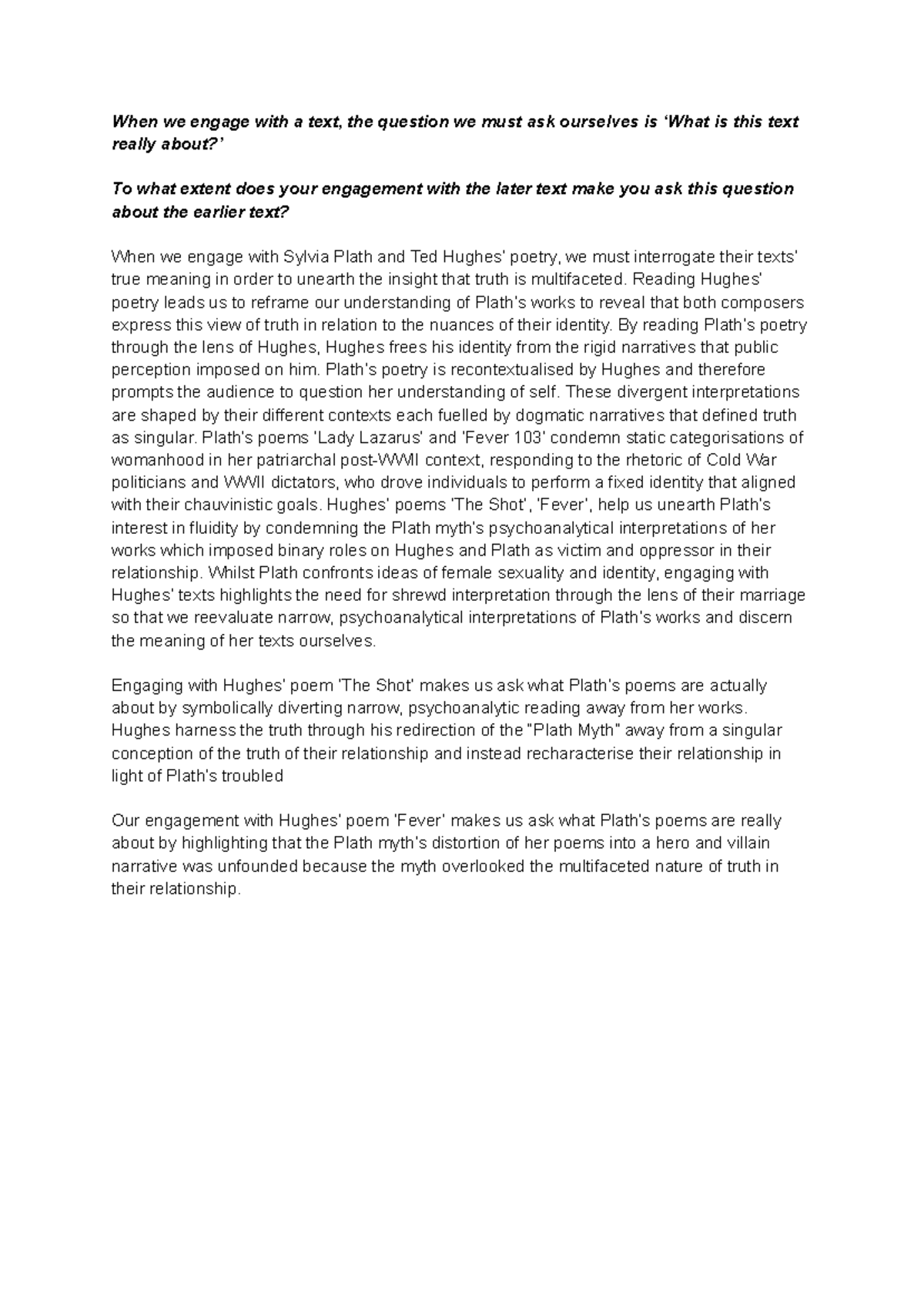 Plath intro and topic sentences - When we engage with a text, the ...