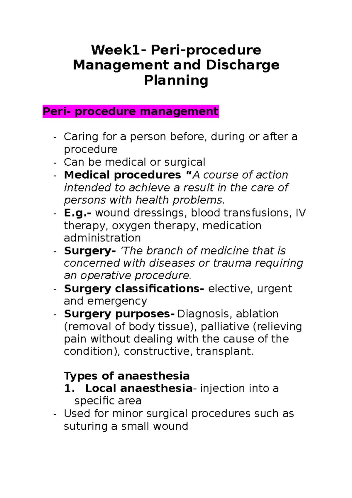 Peri procedure managment and discharge planning - Week1- Peri-procedure ...