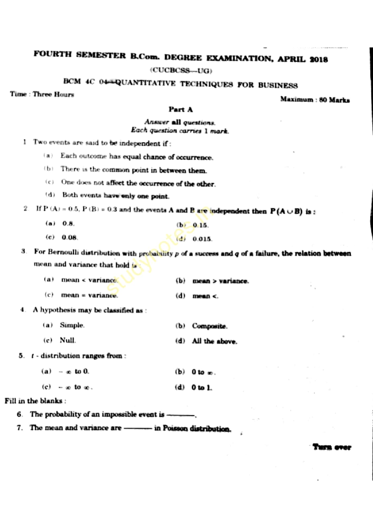 Quantitative Techniques 2018 Question Paper - Bachelor Of Commerce ...