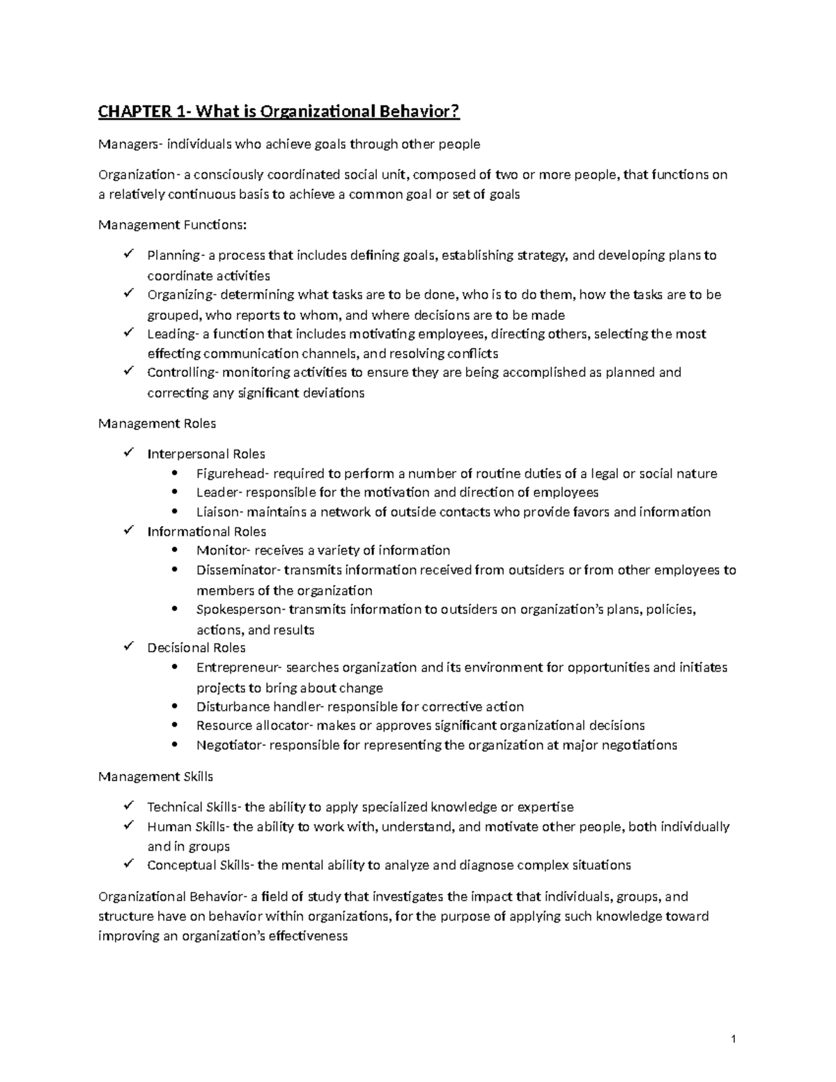 ALL Chapters Review Notes - CHAPTER 1- What is Organizational Behavior ...