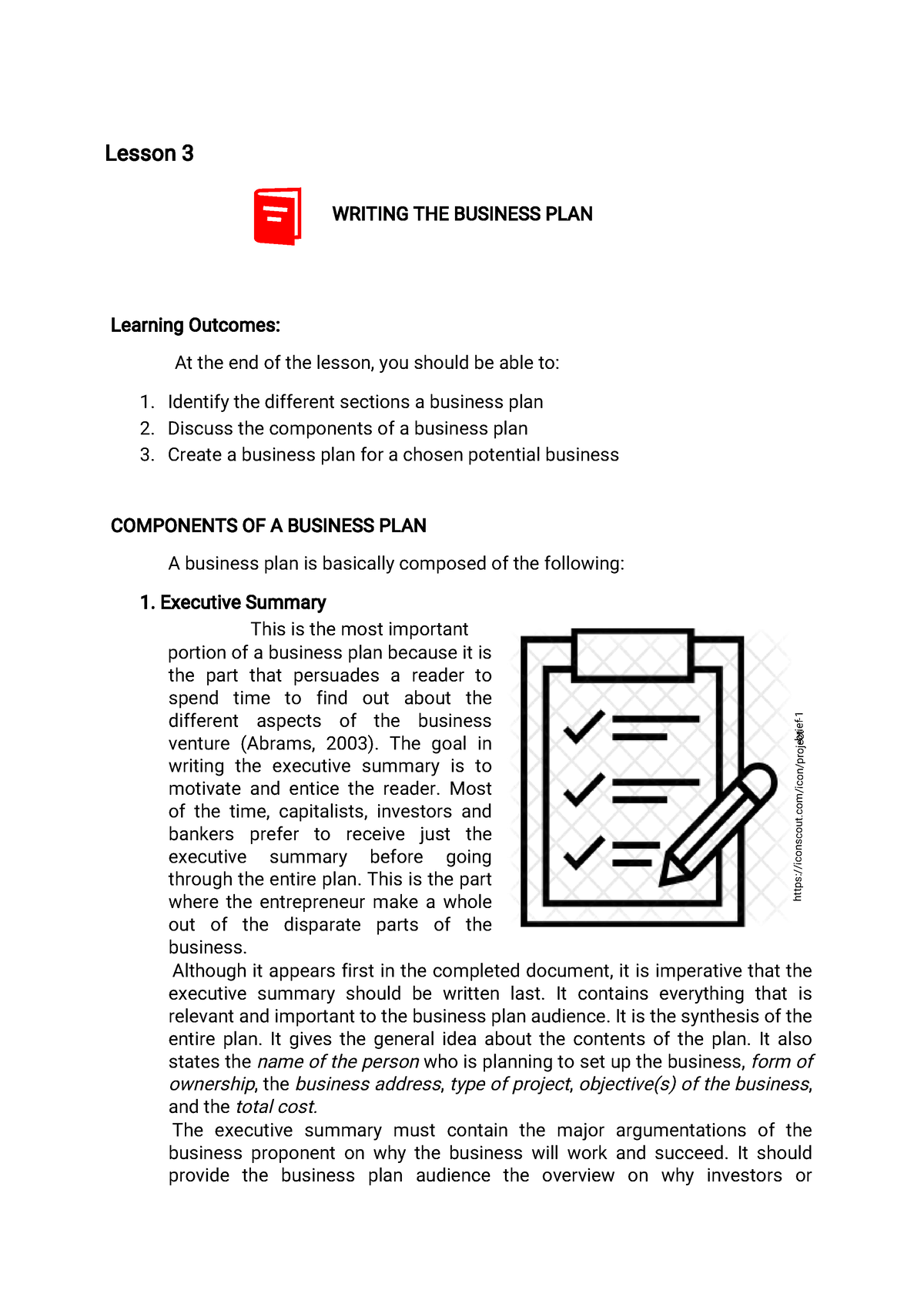 writing a business plan lesson plan high school