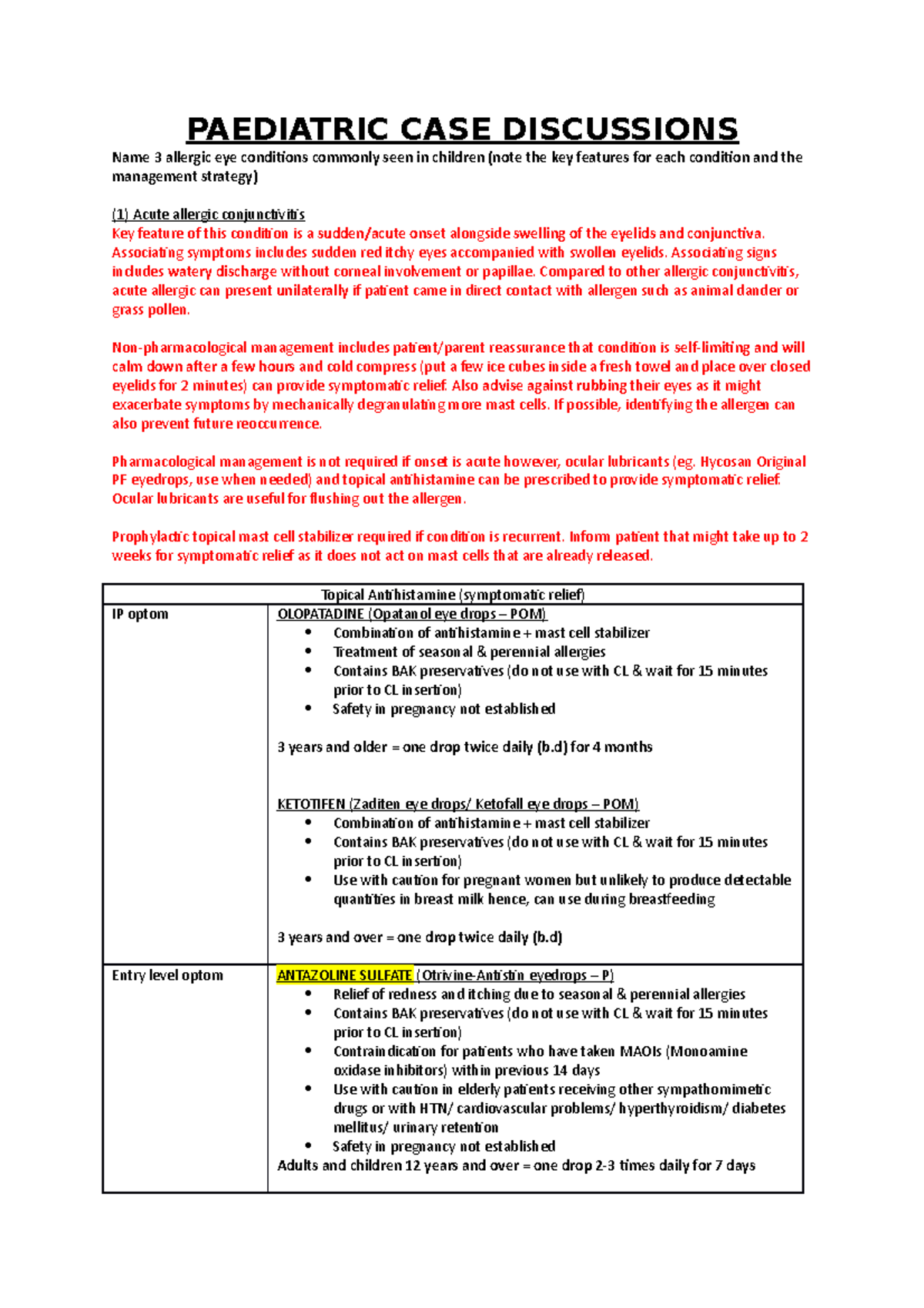 B1 - Paediatric conditions - PAEDIATRIC CASE DISCUSSIONS Name 3 ...